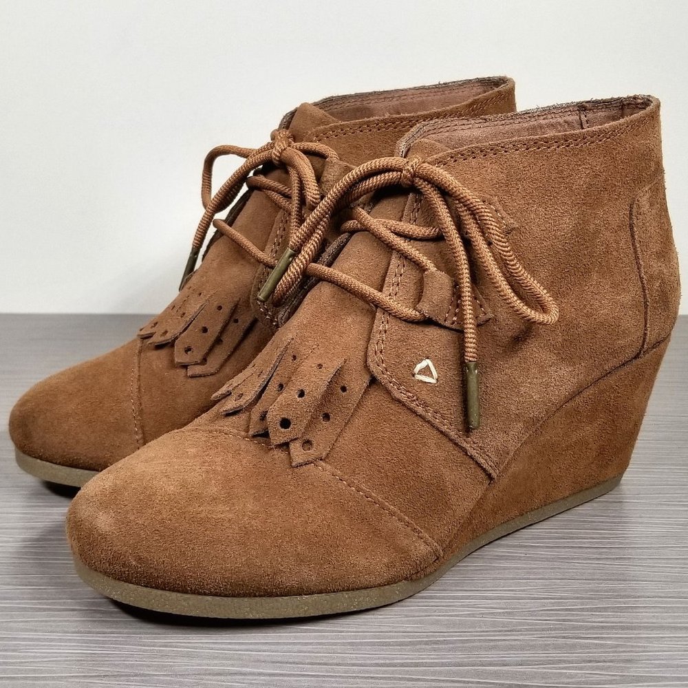 TOMS Desert Kiltie Fringe Wedge Bootie, Brown Suede, Womens Size 7.5 US / 38